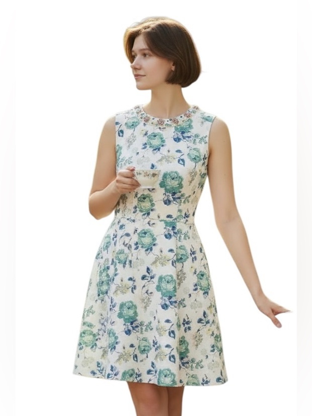 Cath Kidston Dress Size M Ivory Blue Mint Floral Modern Vintage English NWT